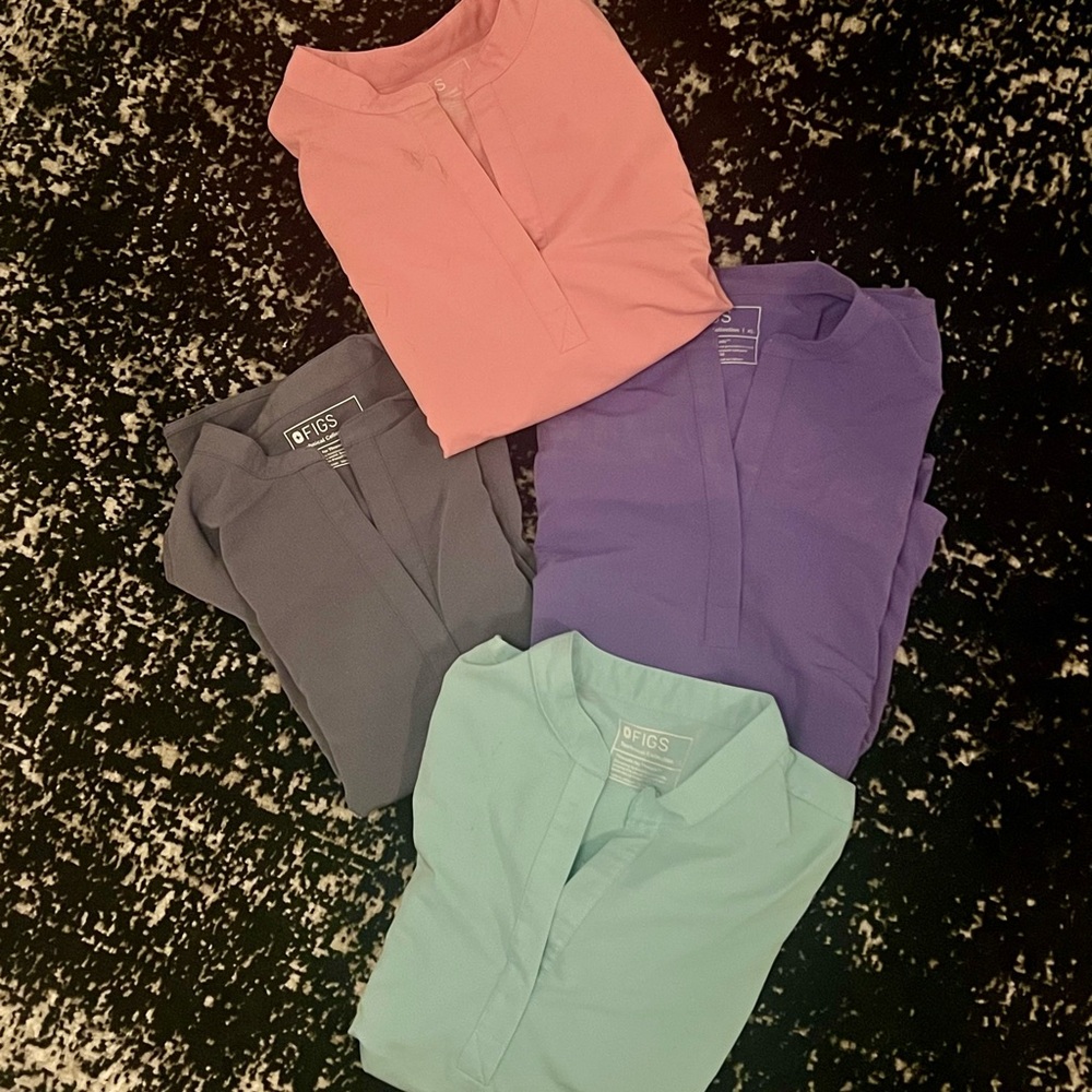Figs Scrub Tops in Coral, Lavender, Charcoal, and Aqua
